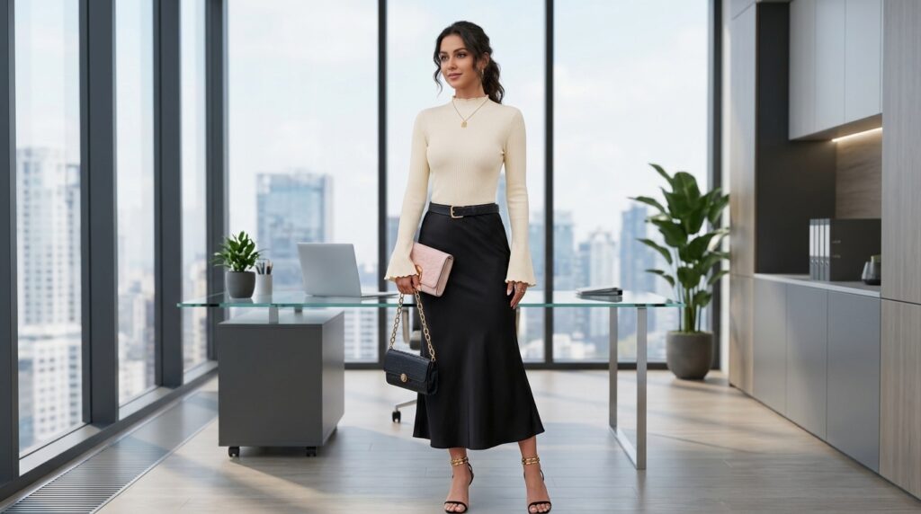 Elegant ribbed top with satin skirt office outfit for women
