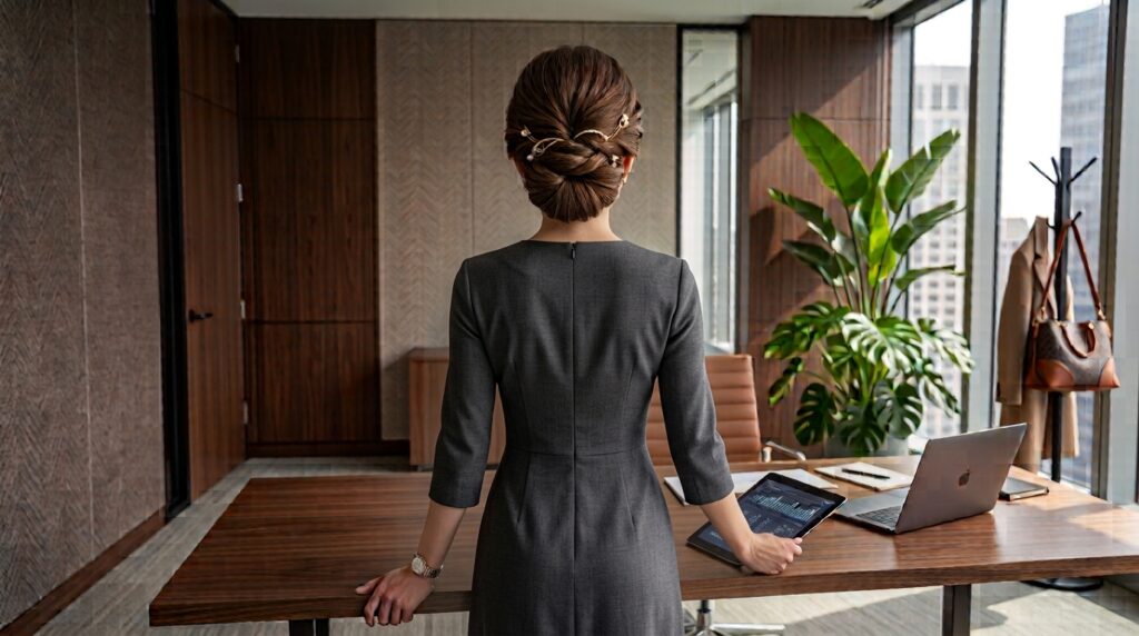 Tucked back hairstyle with decorative pins for an office look