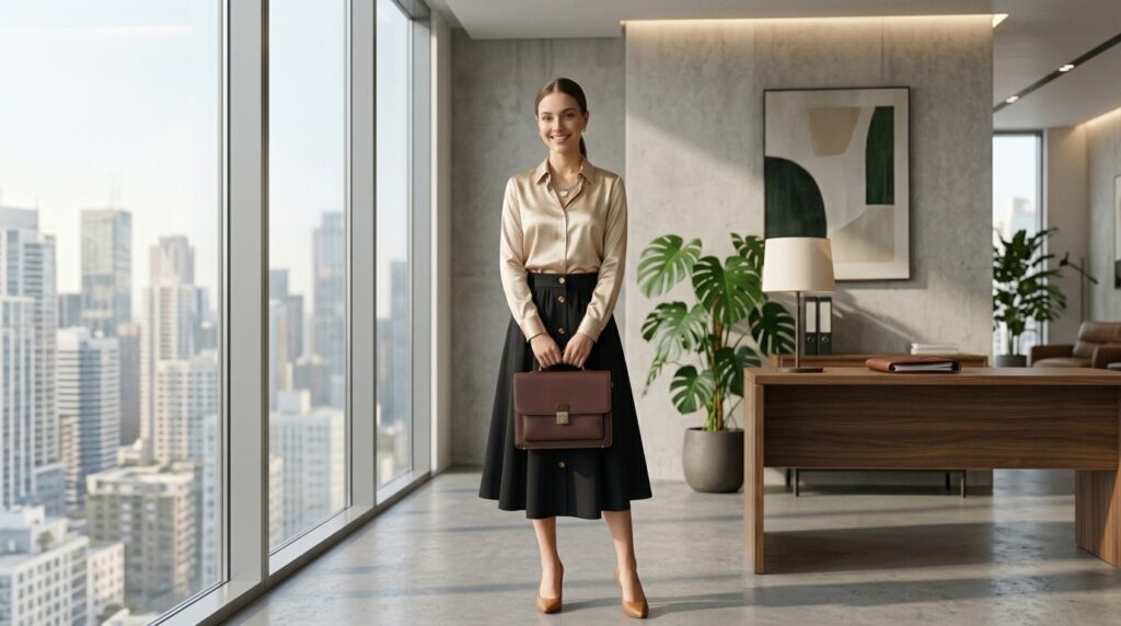 Elegant silk blouse with A-line skirt office outfit for women
