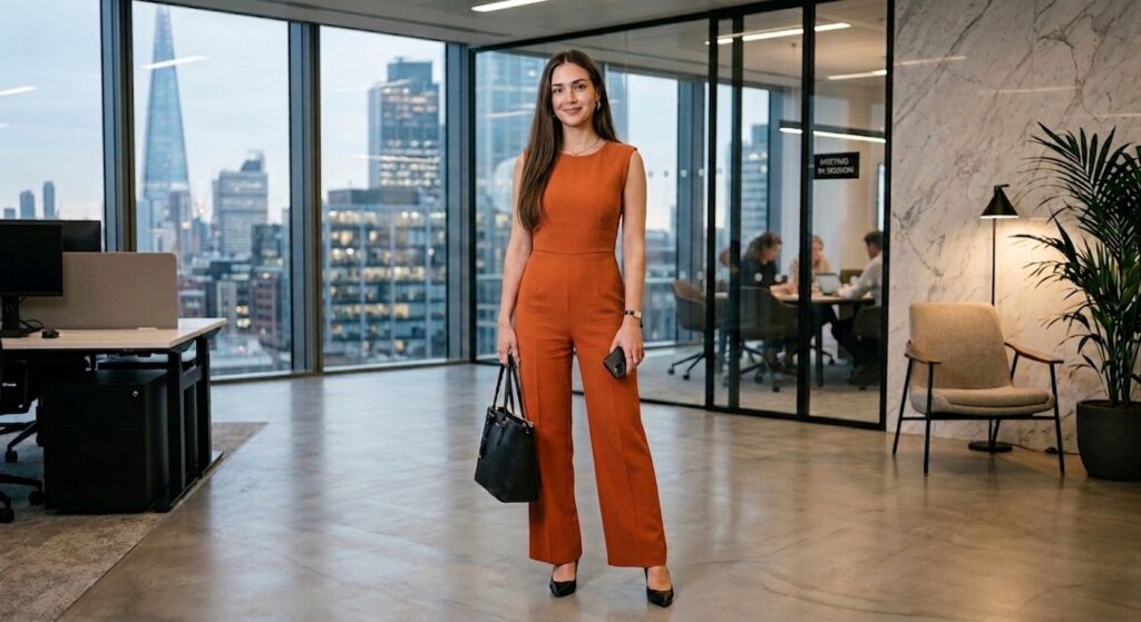 Elegant tailored jumpsuit with blazer office outfit for women
A tailored jumpsuit layered with a structured blazer creates a modern, sophisticated, and polished office outfit for women.
