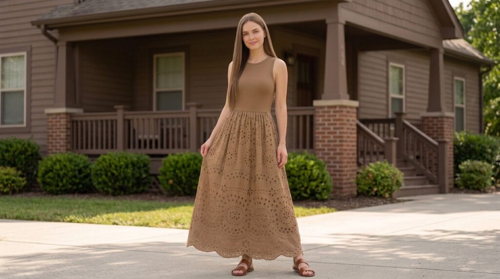 Elegant eyelet dress look for women in a chic brunch outfit