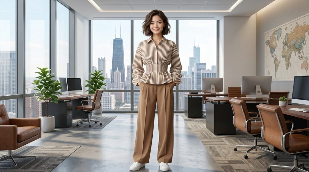Elegant peplum blouse with ankle pants office outfit for women
