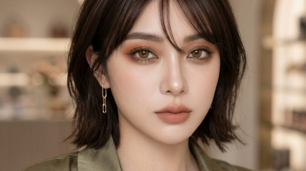 Korean straight-brow makeup look with softly defined eyes and natural K-beauty makeup