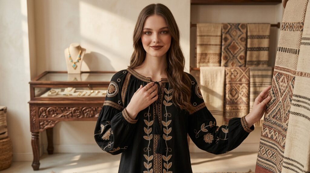 Elegant embroidered tunic outfit for women with a stylish detailed look